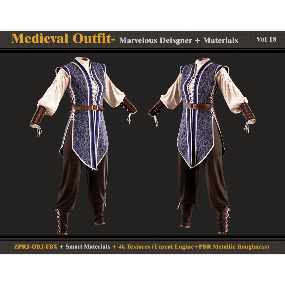 Medieval Outfit 3D Model – Character Costume with Textures, FBX, OBJ - View 5