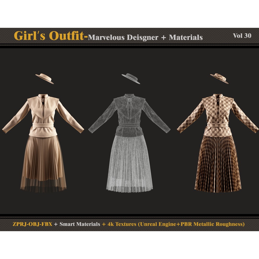 Girls Outfit 3D Model – Classic Female Clothing with Textures, FBX, OBJ