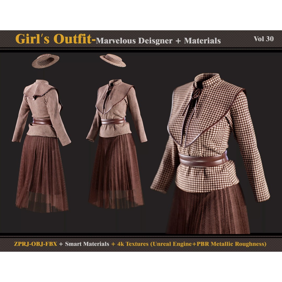 Girls Outfit 3D Model – Classic Female Clothing with Textures, FBX, OBJ - View 2