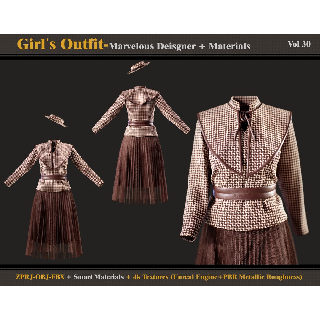 Girls Outfit 3D Model – Classic Female Clothing with Textures, FBX, OBJ - View 3