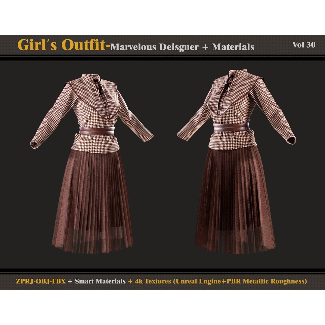 Girls Outfit 3D Model – Classic Female Clothing with Textures, FBX, OBJ - View 4