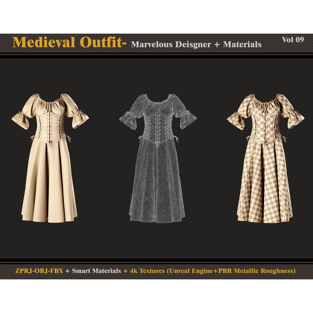 Medieval Outfit 3D Model – Gothic Female Clothing, PBR Textures, FBX, OBJ