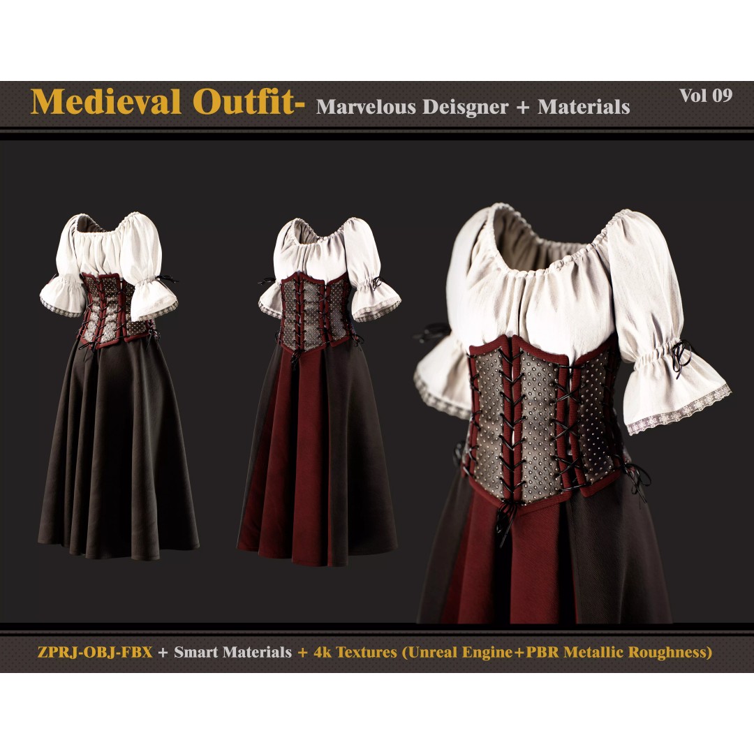 Medieval Outfit 3D Model – Gothic Female Clothing, PBR Textures, FBX, OBJ - View 2