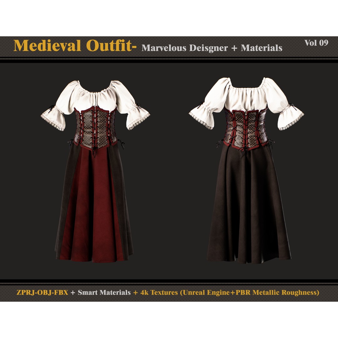 Medieval Outfit 3D Model – Gothic Female Clothing, PBR Textures, FBX, OBJ - View 3