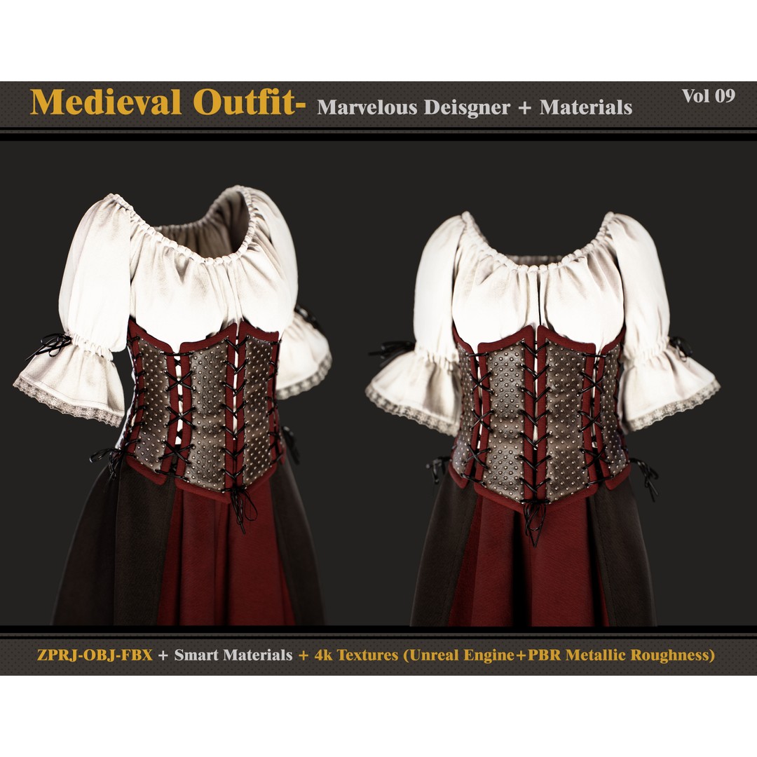 Medieval Outfit 3D Model – Gothic Female Clothing, PBR Textures, FBX, OBJ - View 4