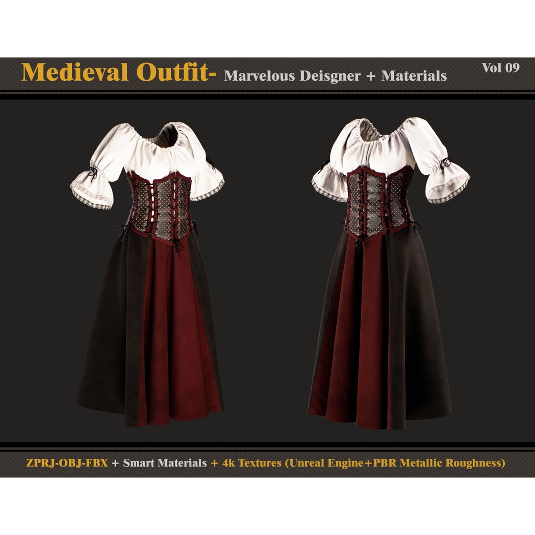 Medieval Outfit 3D Model – Gothic Female Clothing, PBR Textures, FBX, OBJ - View 5