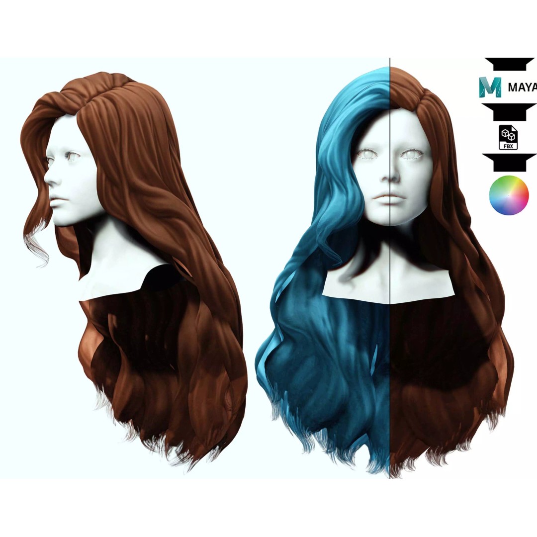 Wavy Long Hair 3D Model – Low Poly Hair Asset, PBR Textures - View 2