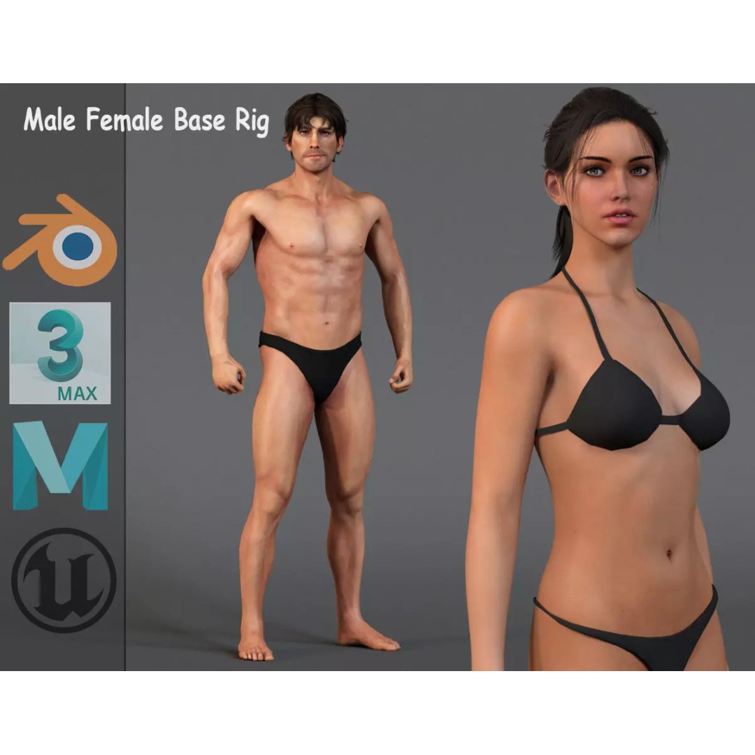 Male Female Base 3D Model – Low Poly Rigged Character, FBX, Blender - View 2