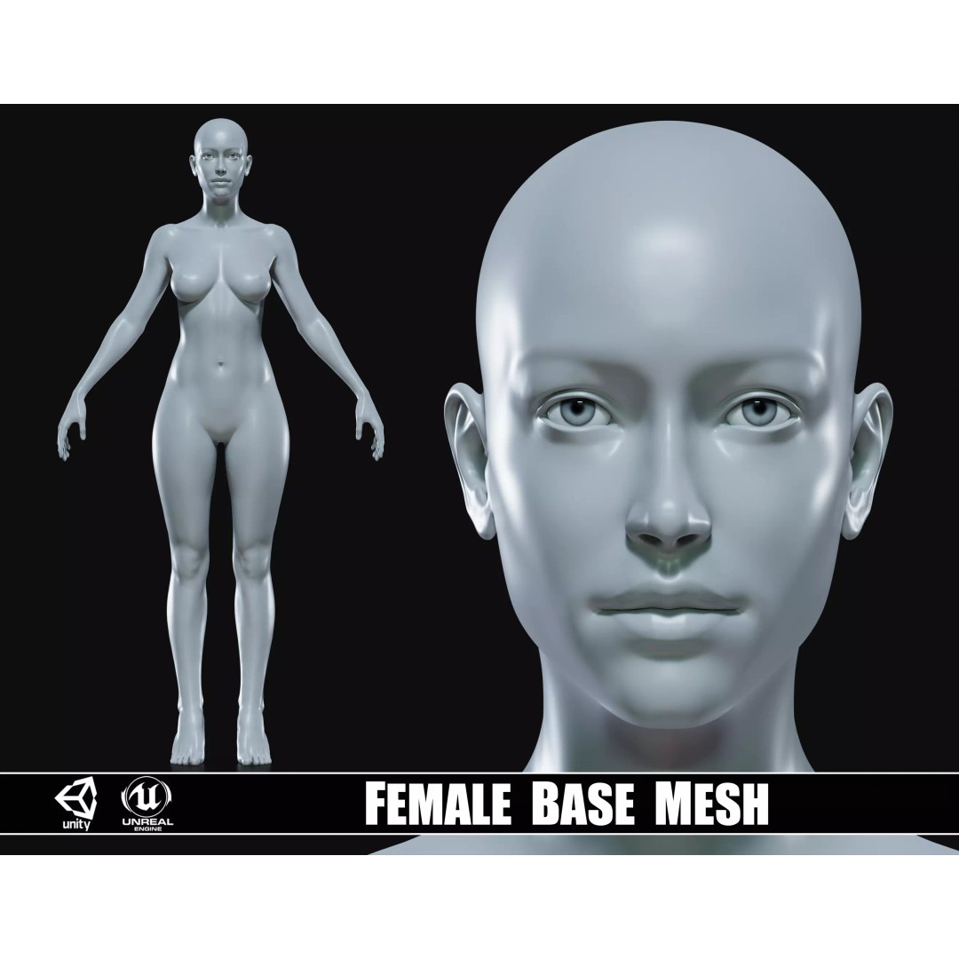 Realistic Female Body Base Mesh 3D Model – Low Poly Character, FBX, OBJ - View 2