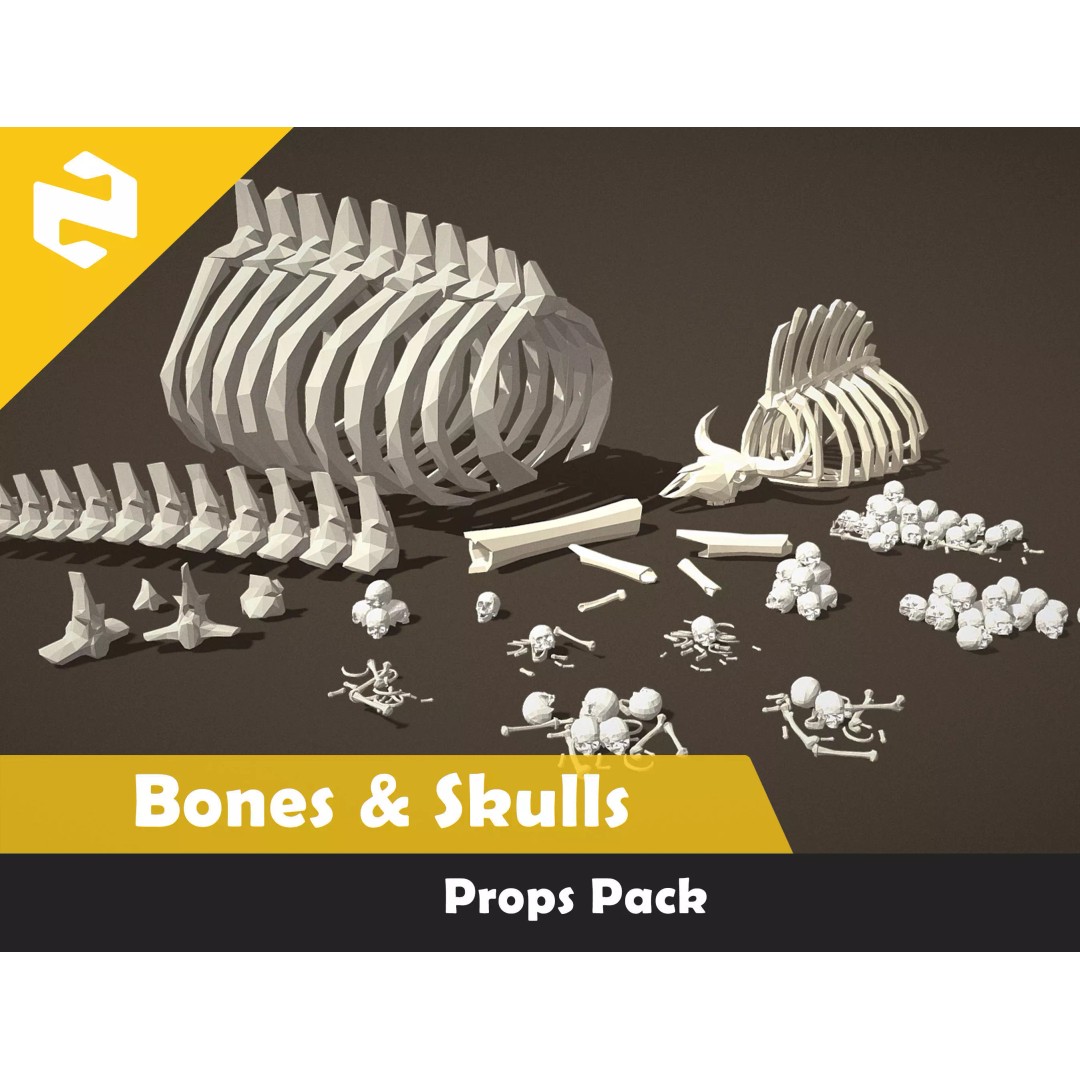 Bones and Skulls 3D Model – Low Poly Props Pack, FBX, Game Ready - View 2