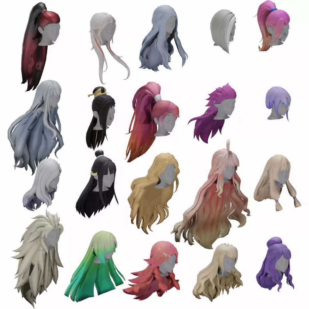 Stylized Female Hair Models Pack 7 – Low Poly 3D Model, Game Ready, FBX - View 2