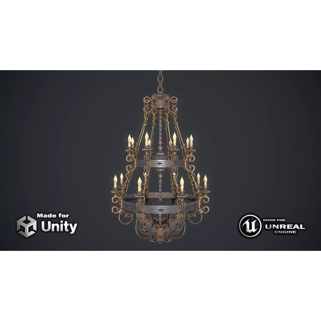 Forged Chandelier 3D Model – Low Poly PBR Lighting Asset, FBX/OBJ - View 2