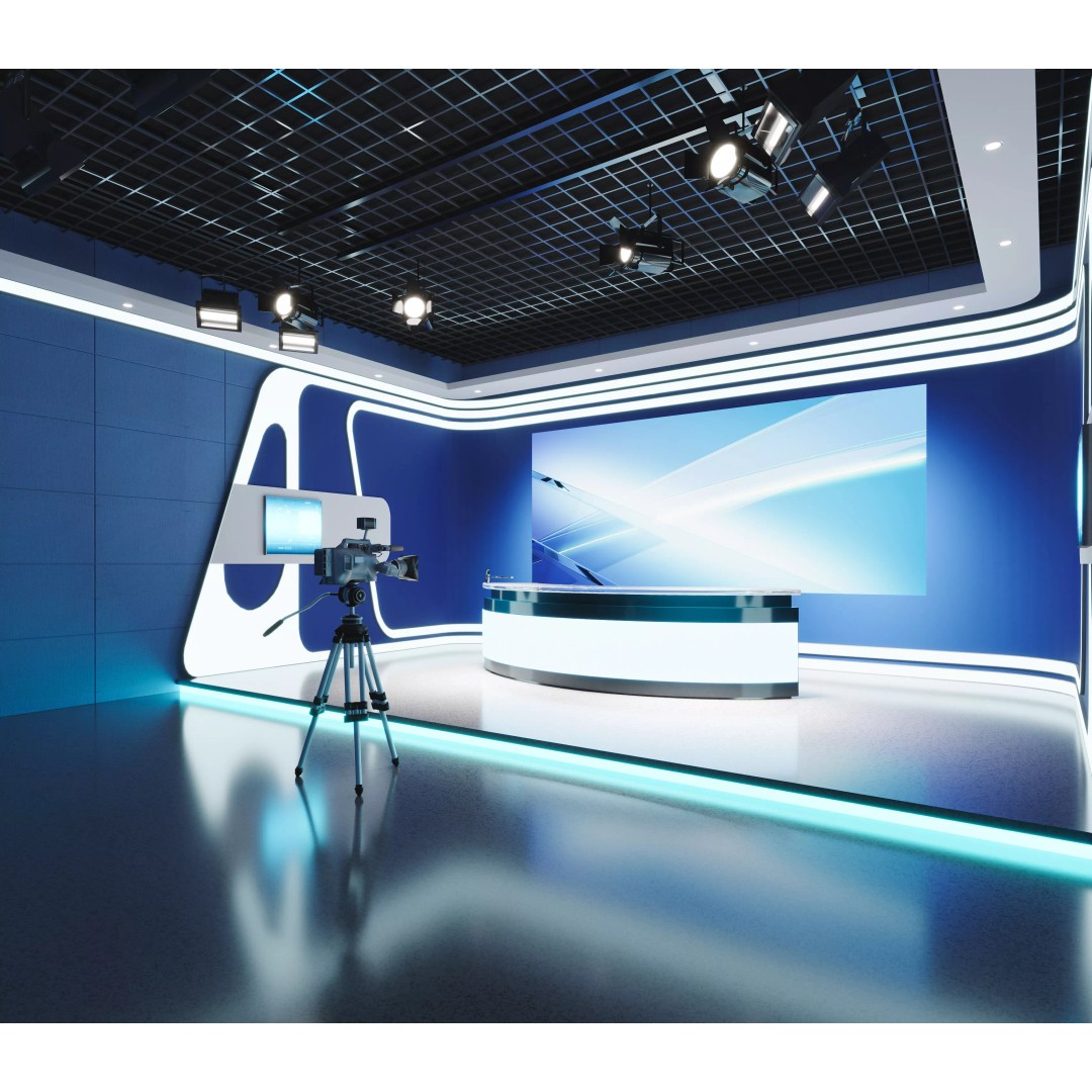 Virtual TV Studio News Set 3D Model – Modern Multimedia Broadcast Asset - View 3