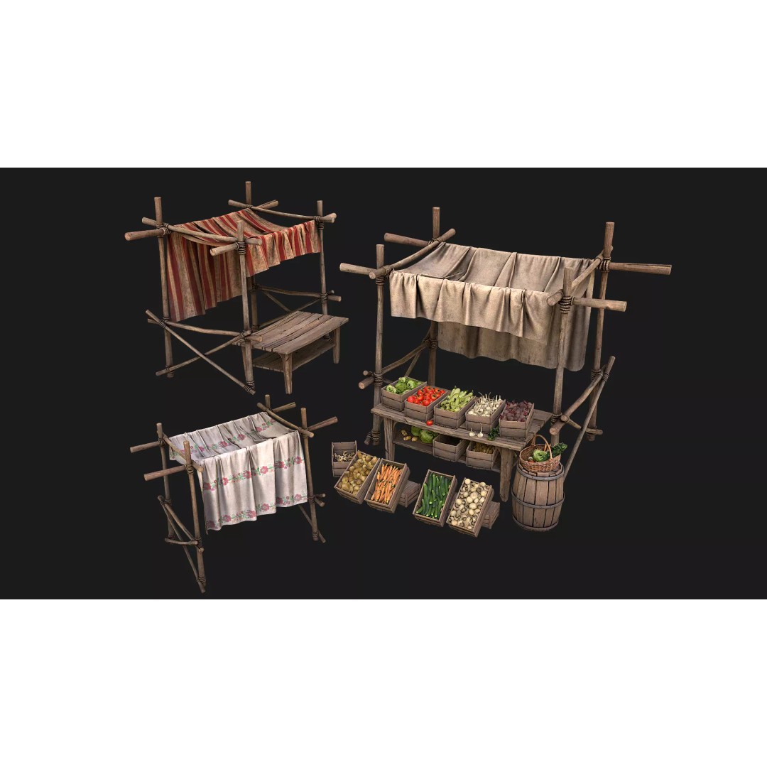 Medieval Market Vegetable Stalls Tent Pack 3D Model – Low Poly Game Ready FBX - View 2