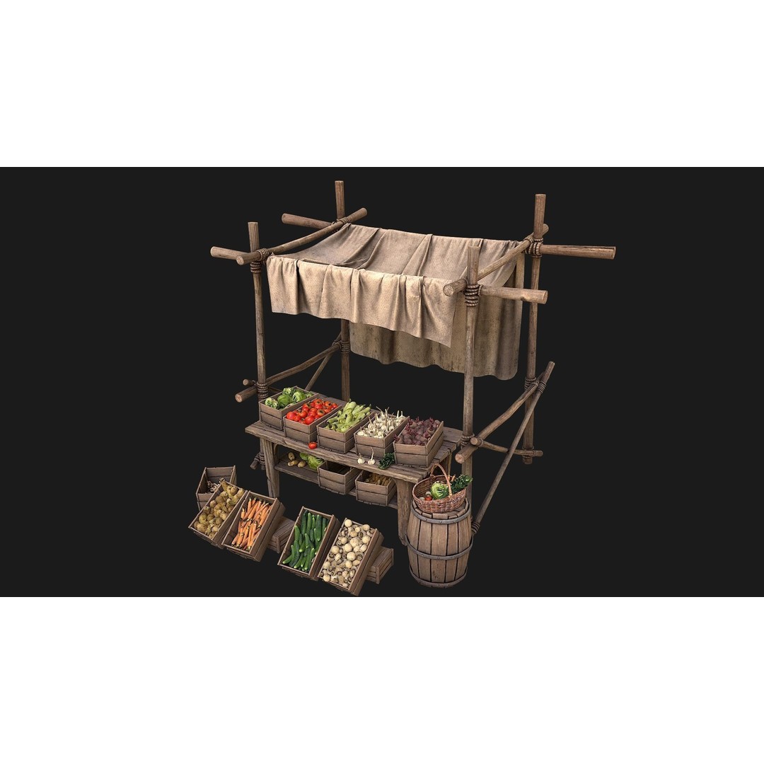 Medieval Market Vegetable Stalls Tent Pack 3D Model – Low Poly Game Ready FBX - View 4