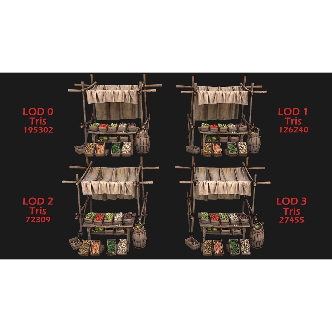 Medieval Market Vegetable Stalls Tent Pack 3D Model – Low Poly Game Ready FBX - View 6