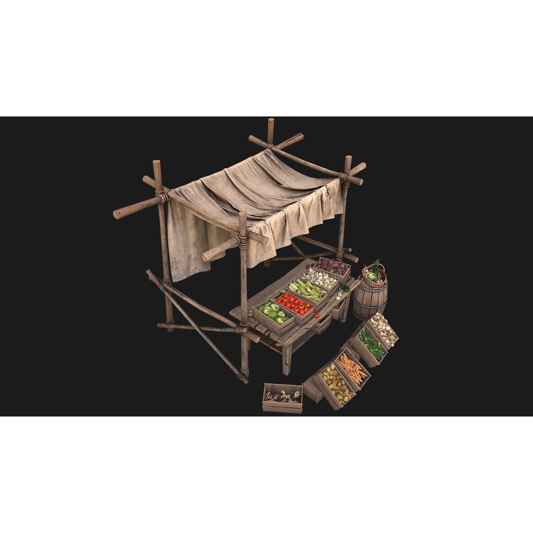 Medieval Market Vegetable Stalls Tent Pack 3D Model – Low Poly Game Ready FBX - View 8