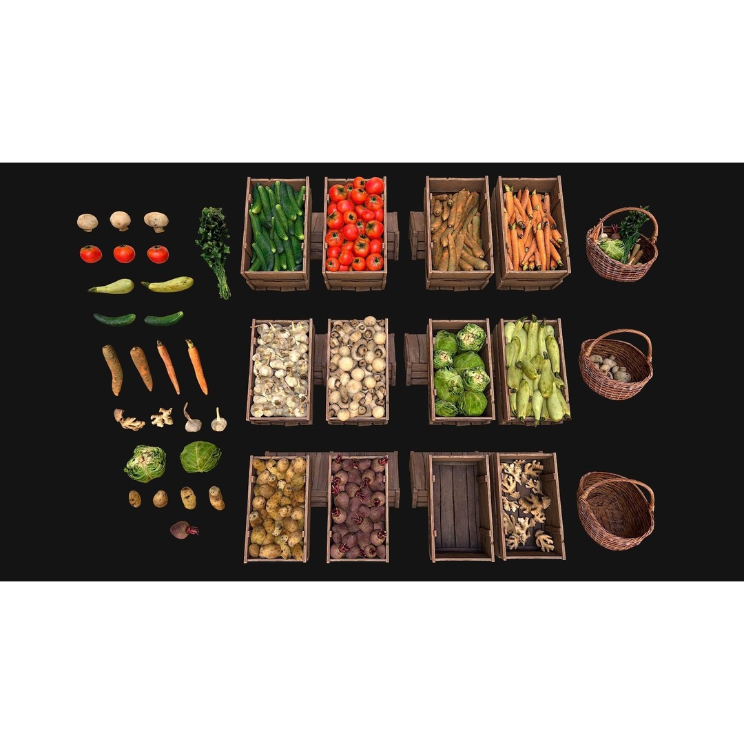Medieval Market Vegetable Stalls Tent Pack 3D Model – Low Poly Game Ready FBX - View 9