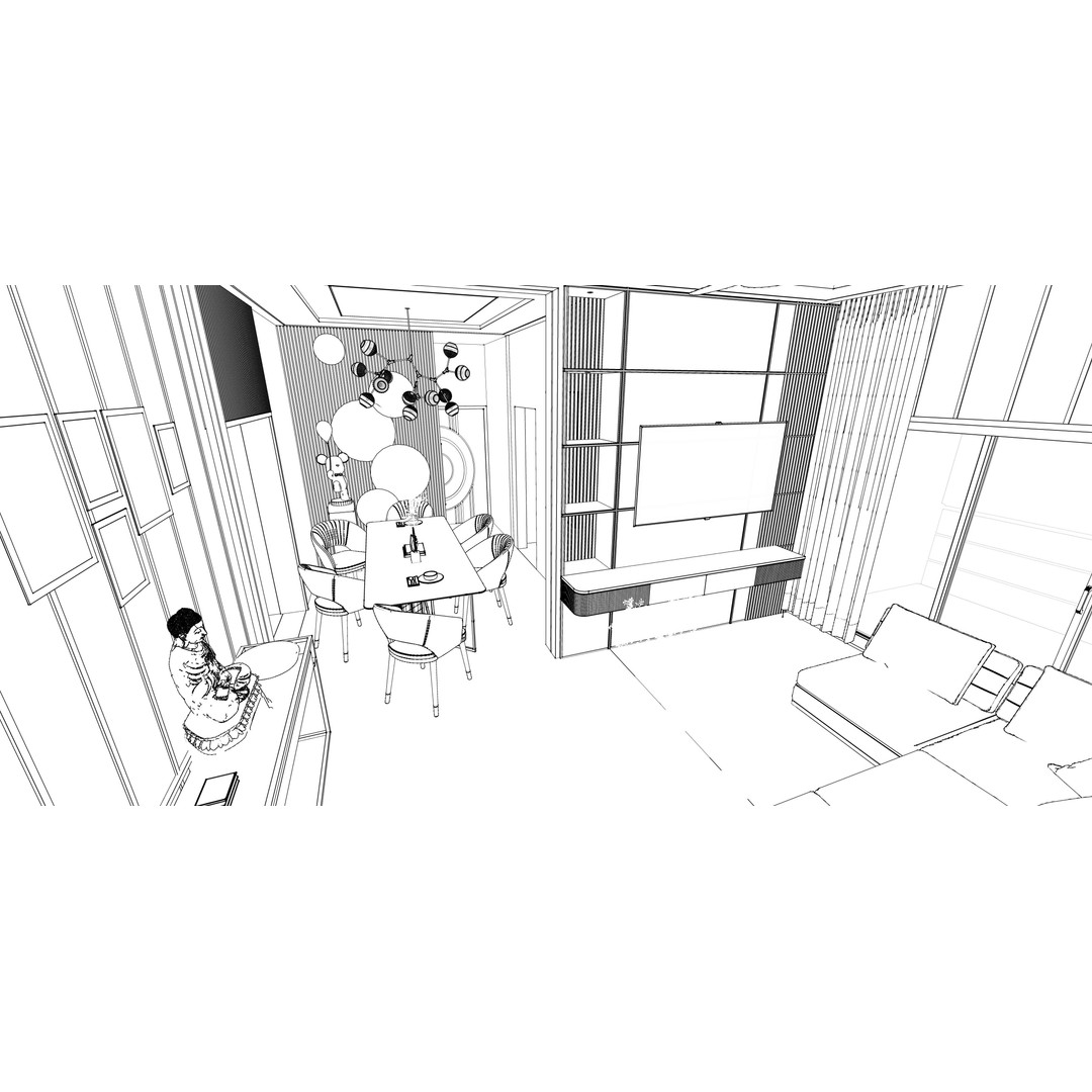 Luxurious Living Room 3D Model – Modern Design with Dining Area, FBX