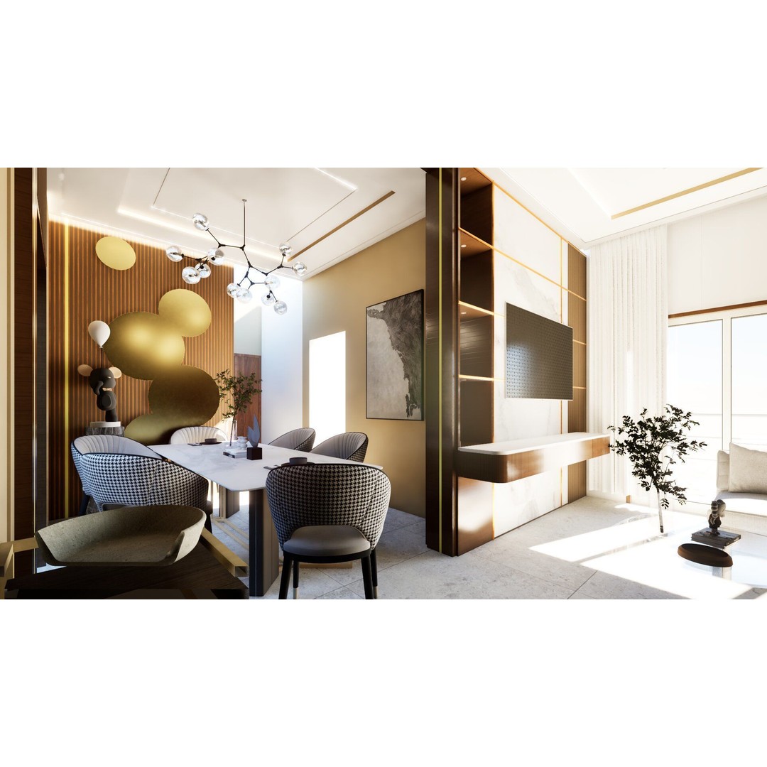 Luxurious Living Room 3D Model – Modern Design with Dining Area, FBX - View 4