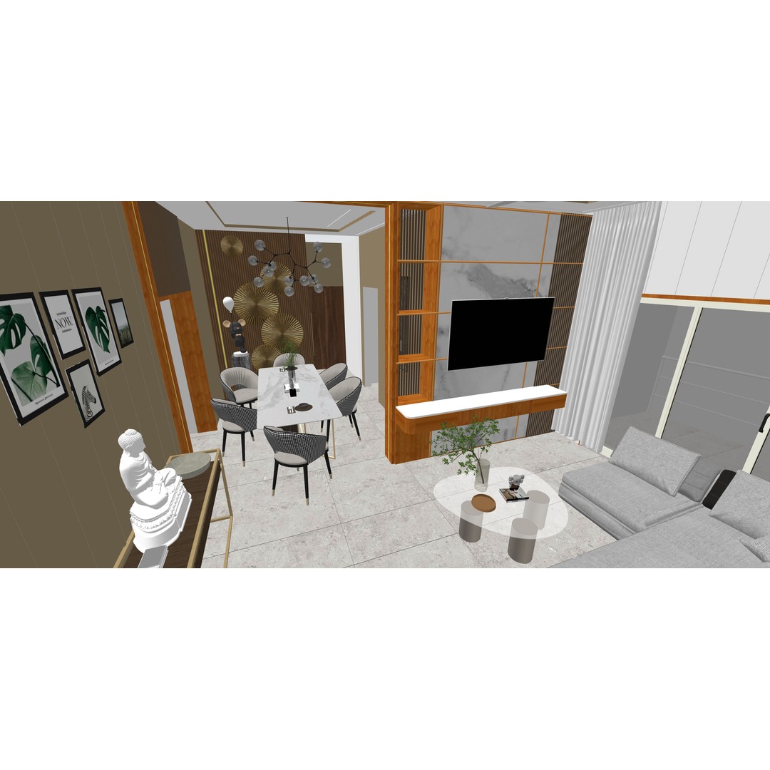 Luxurious Living Room 3D Model – Modern Design with Dining Area, FBX - View 7