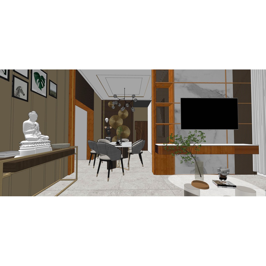 Luxurious Living Room 3D Model – Modern Design with Dining Area, FBX - View 9