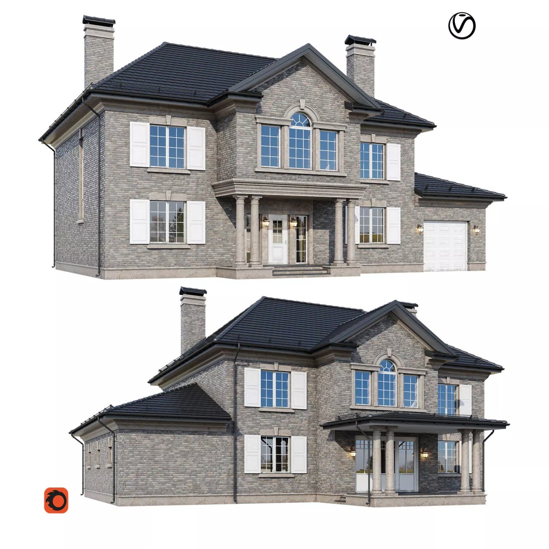 Brickstone House 3D Model – High Poly Mansion, FBX, Blender - View 2