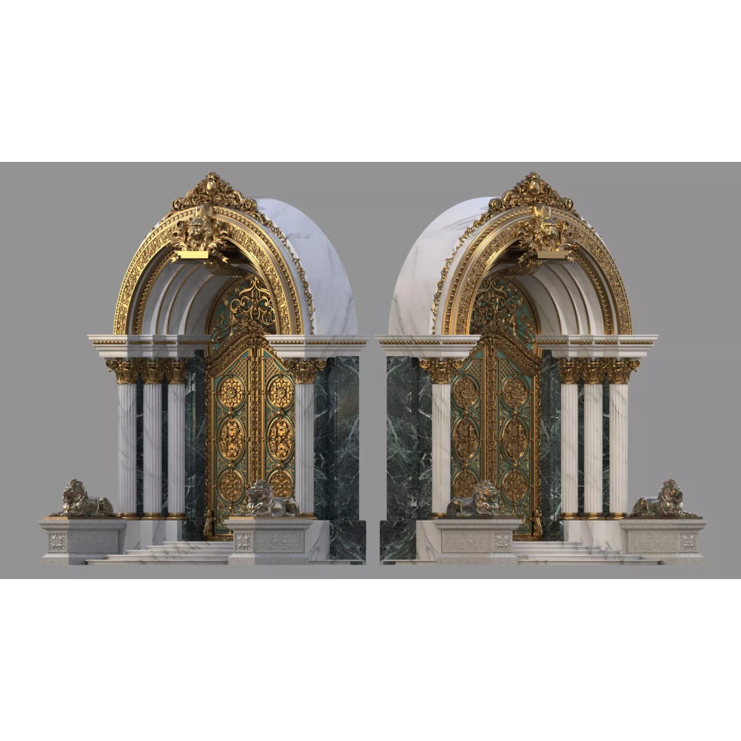 Gothic Door 3D Model – Architectural Style with Lion Sculpture - View 10