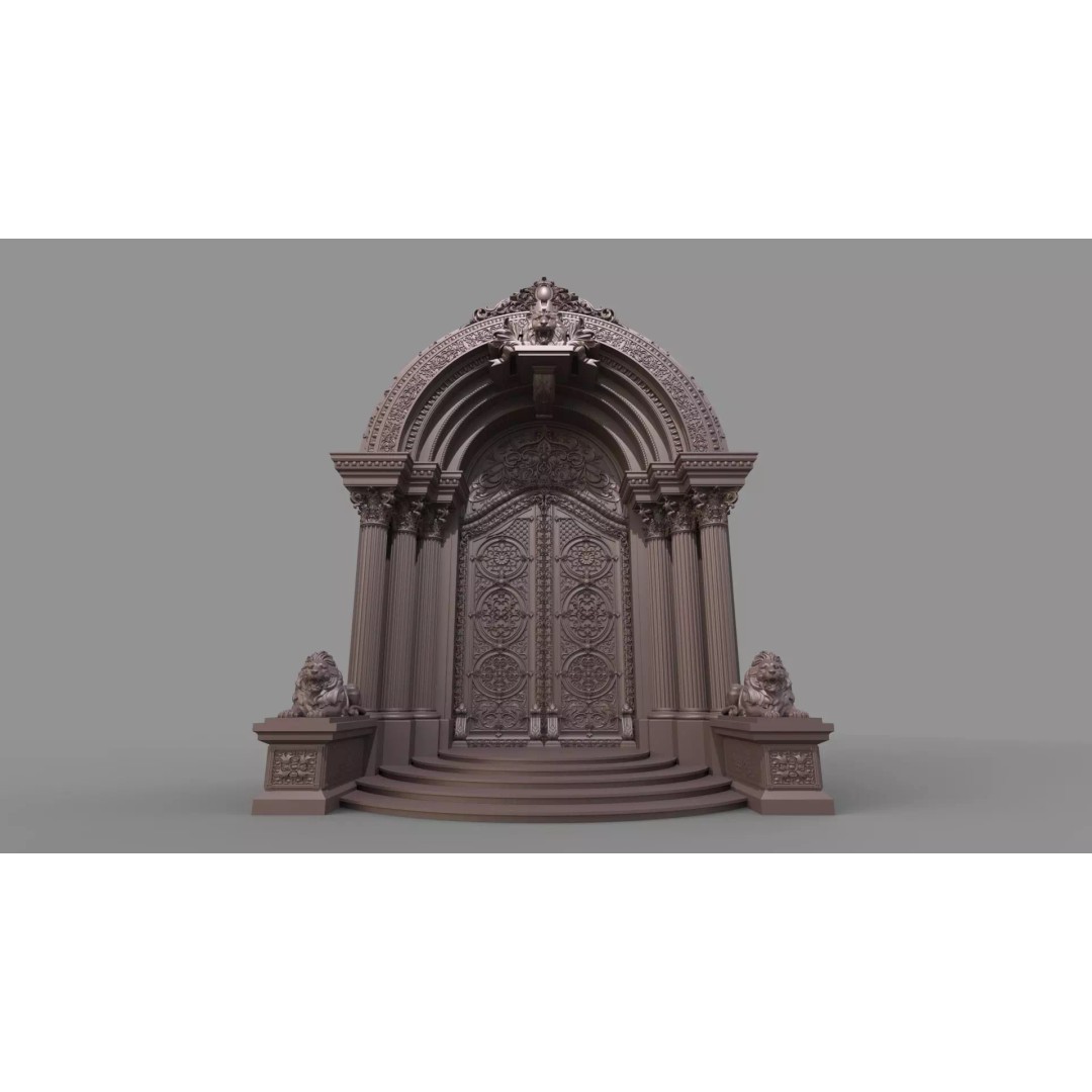 Gothic Door 3D Model – Architectural Style with Lion Sculpture - View 11
