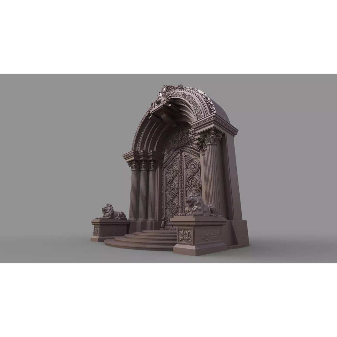 Gothic Door 3D Model – Architectural Style with Lion Sculpture - View 12