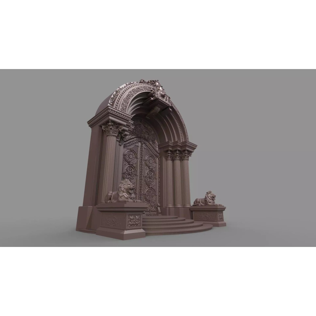 Gothic Door 3D Model – Architectural Style with Lion Sculpture - View 13
