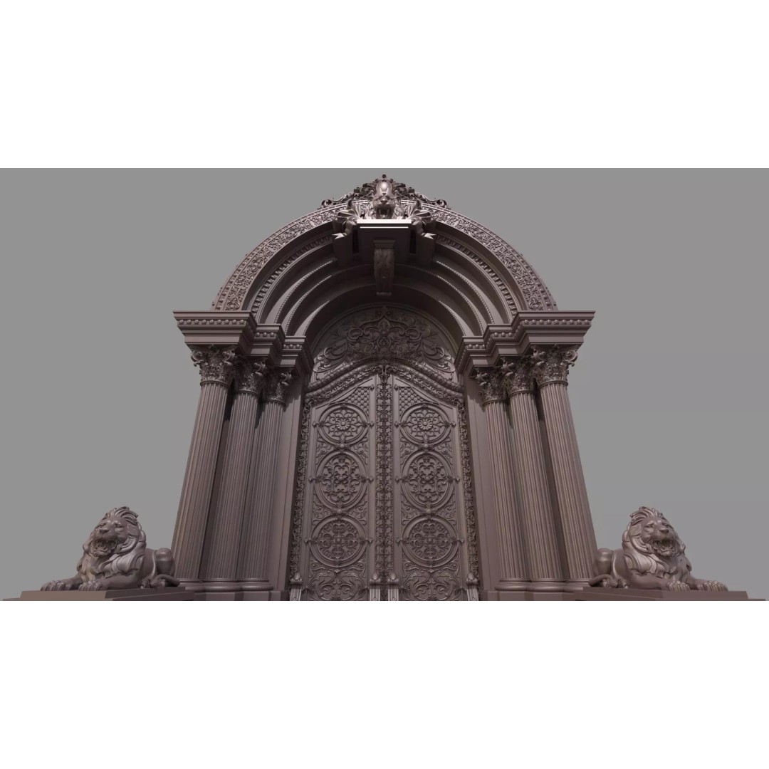 Gothic Door 3D Model – Architectural Style with Lion Sculpture - View 14