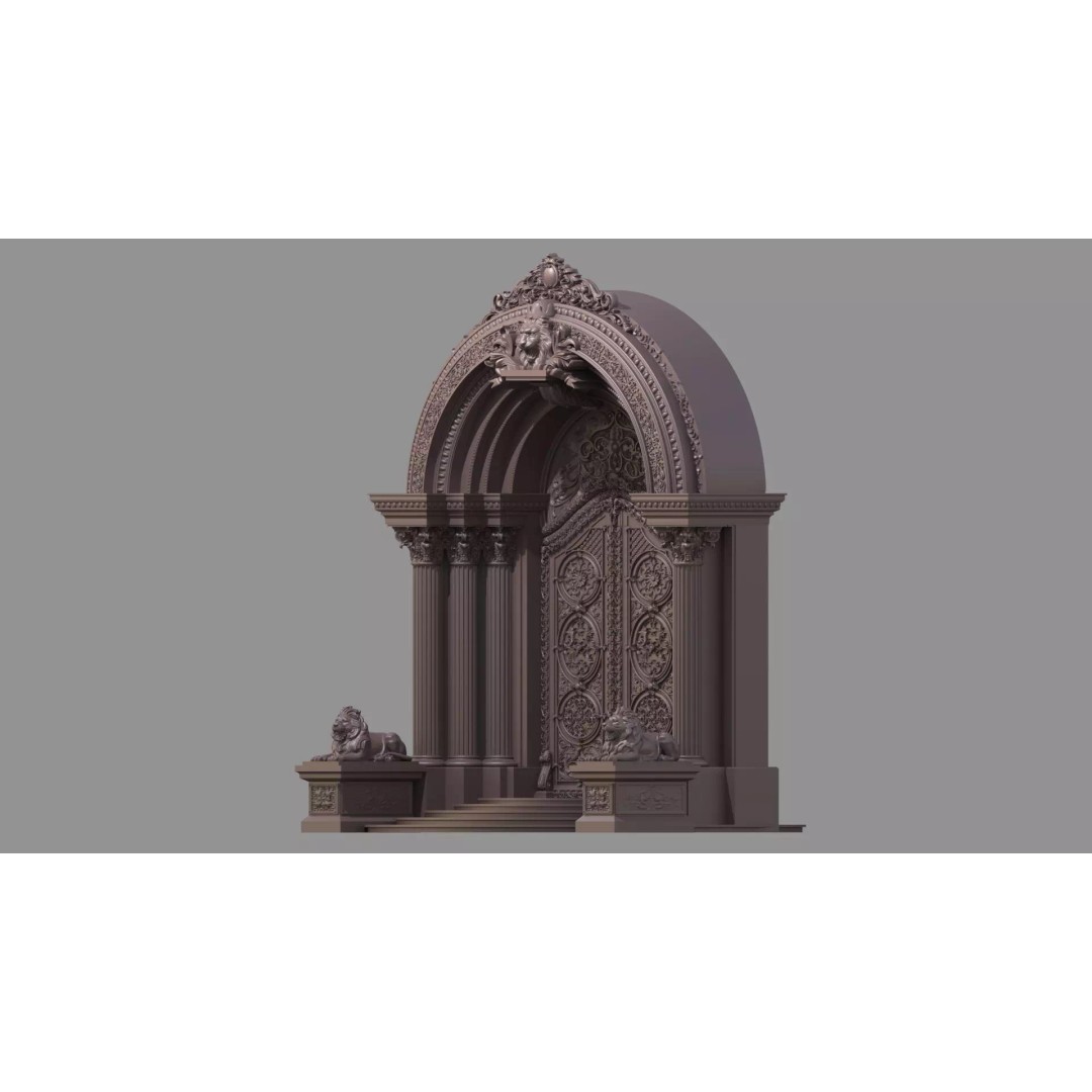 Gothic Door 3D Model – Architectural Style with Lion Sculpture - View 16