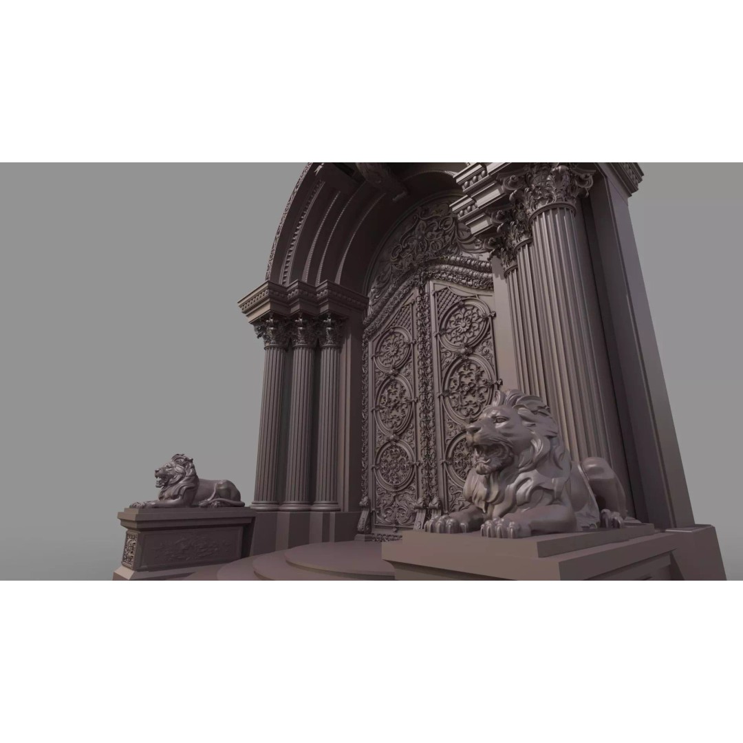 Gothic Door 3D Model – Architectural Style with Lion Sculpture - View 18
