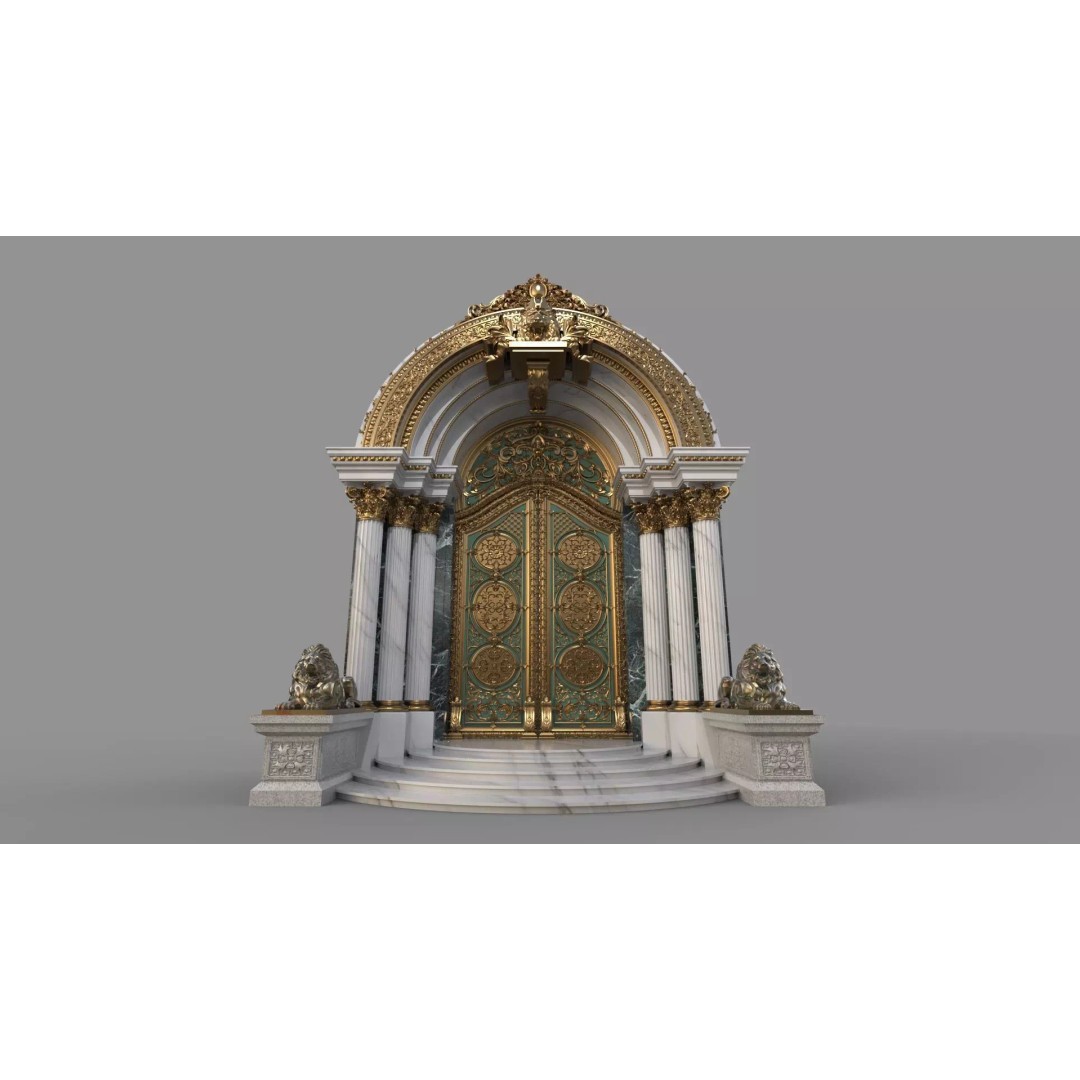 Gothic Door 3D Model – Architectural Style with Lion Sculpture - View 2