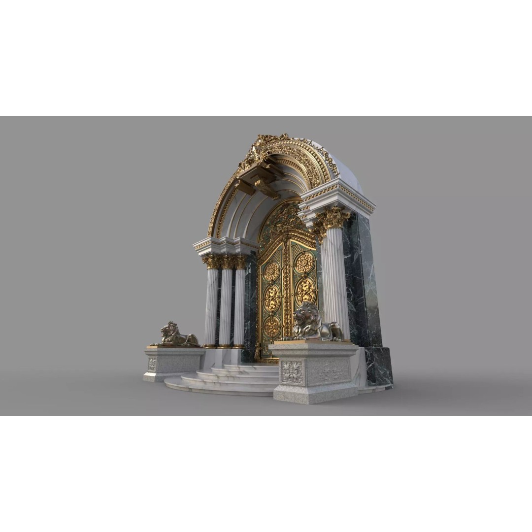Gothic Door 3D Model – Architectural Style with Lion Sculpture - View 3