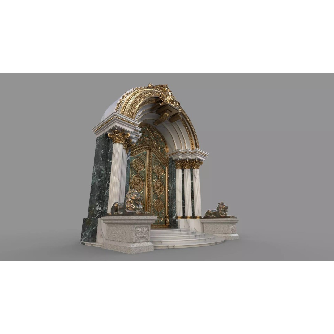Gothic Door 3D Model – Architectural Style with Lion Sculpture - View 4