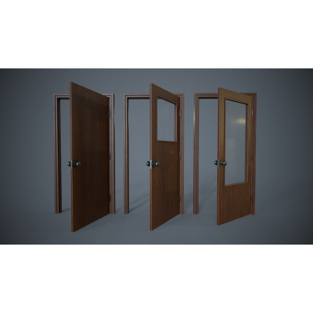Set of Three Doors 3D Model – Low Poly Game Ready, FBX, OBJ - View 3