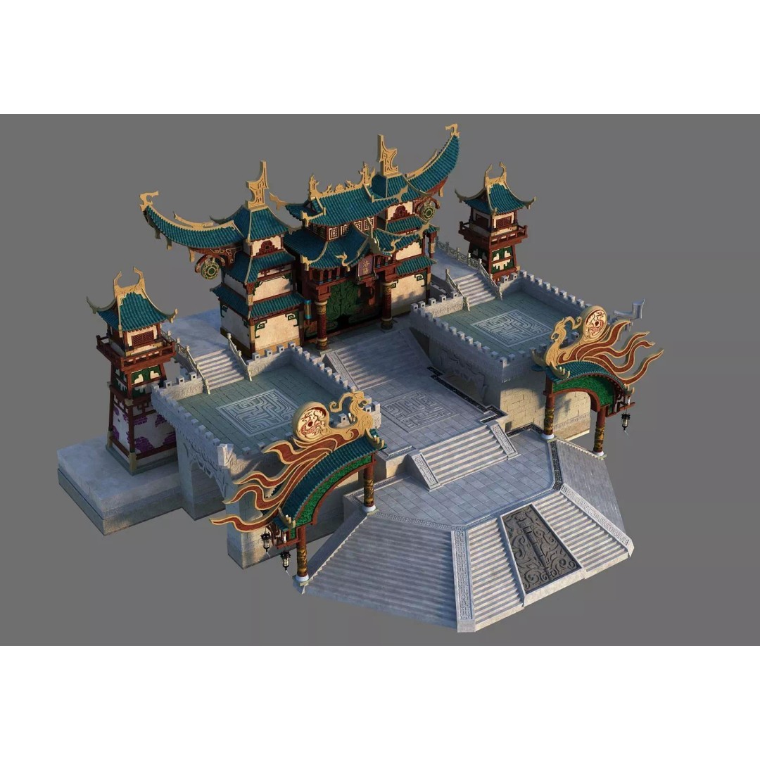 Chinese Style Buildings 3D Model – Low Poly Architectural Asset, FBX, OBJ - View 2
