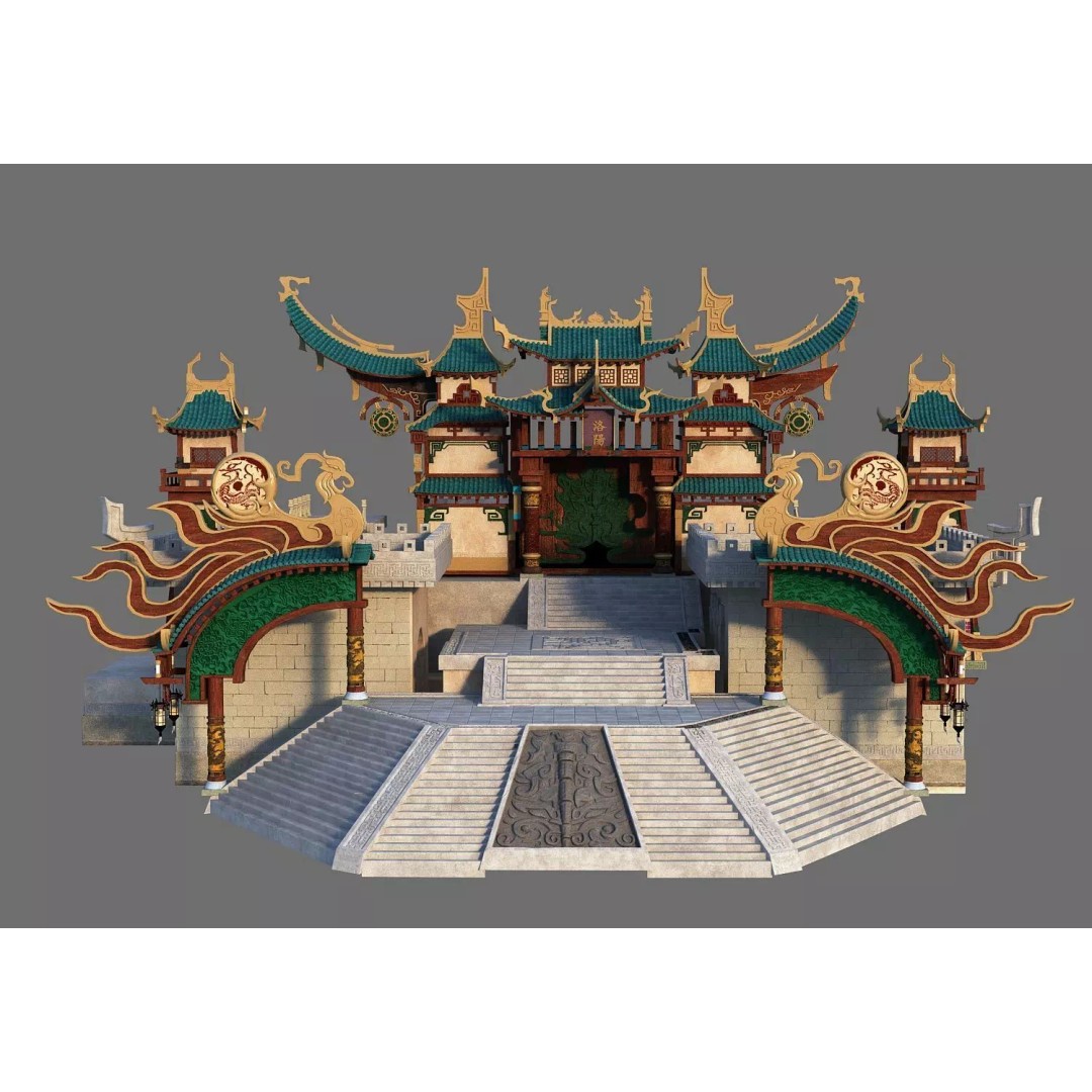 Chinese Style Buildings 3D Model – Low Poly Architectural Asset, FBX, OBJ - View 3