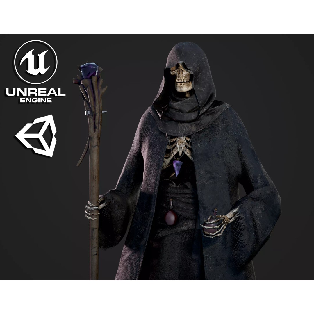 Skeleton Mage 3D Model – Low Poly Game-Ready Character, FBX, PBR Textures - View 2
