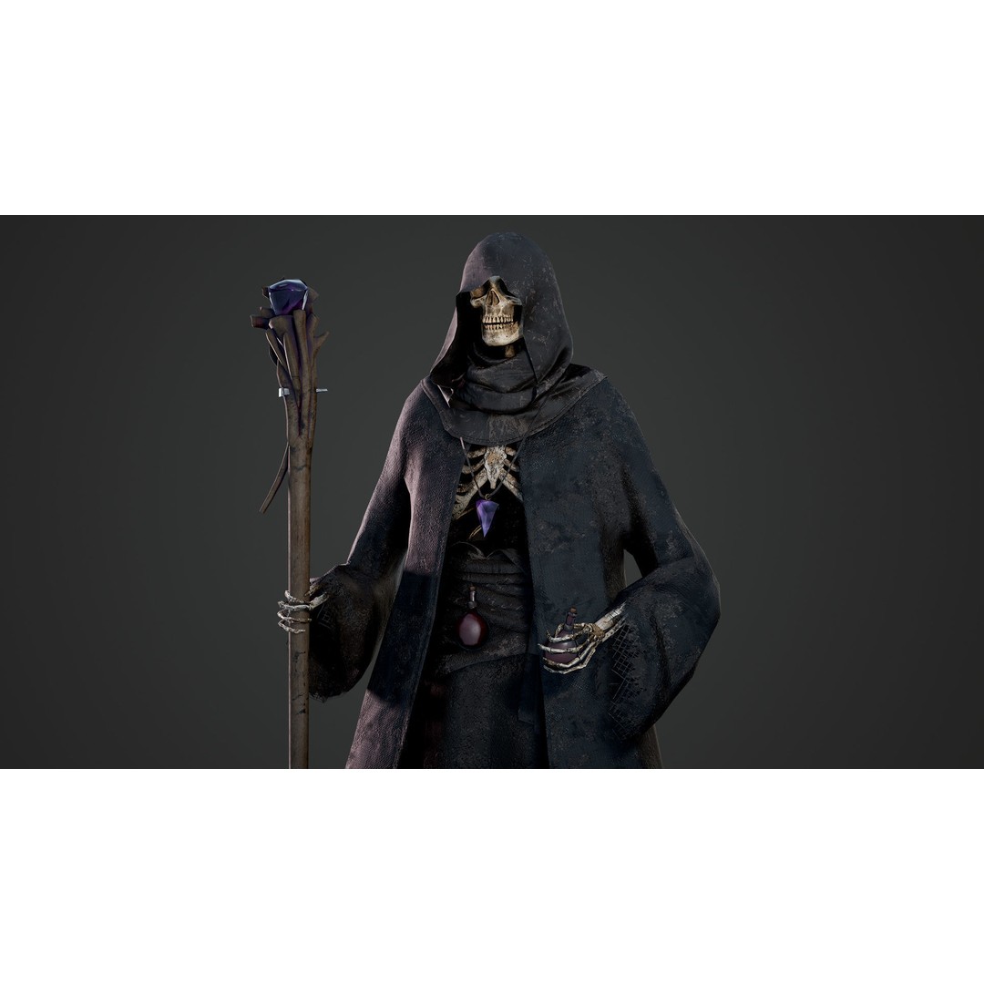 Skeleton Mage 3D Model – Low Poly Game-Ready Character, FBX, PBR Textures - View 3