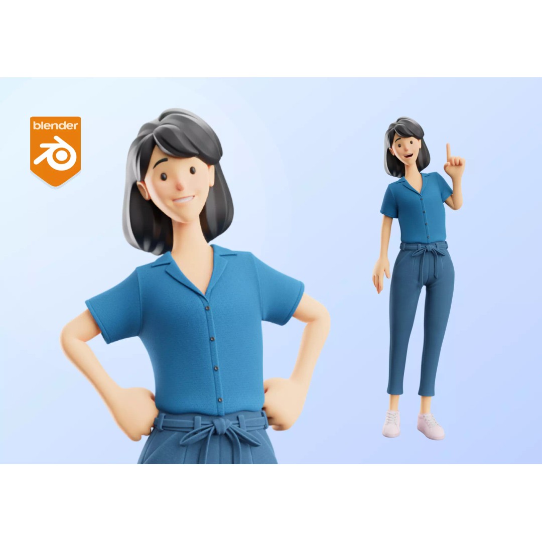 Cartoon Woman 3D Model – Rigged Low-Poly Character for Animation - View 2