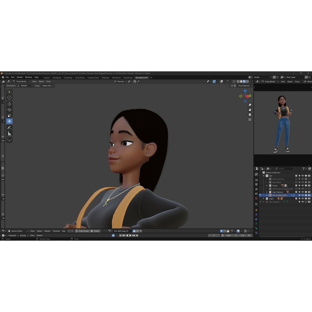 Cartoon Black Woman Teen 3D Model – Rigged Character for Blender, FBX, OBJ
