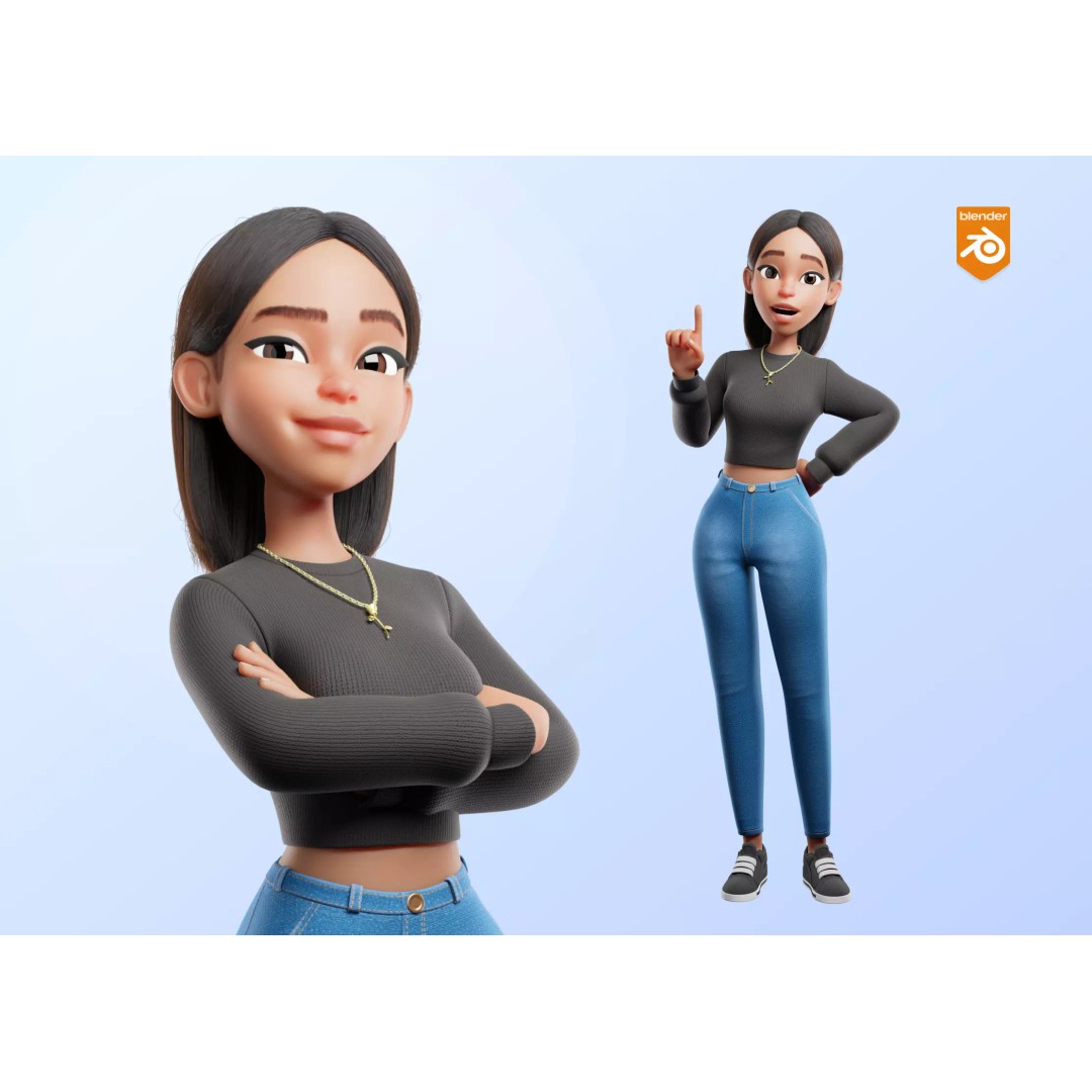 Cartoon Black Woman Teen 3D Model – Rigged Character for Blender, FBX, OBJ - View 2