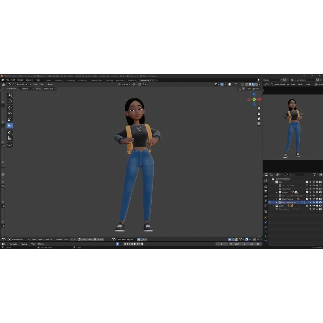 Cartoon Black Woman Teen 3D Model – Rigged Character for Blender, FBX, OBJ - View 24