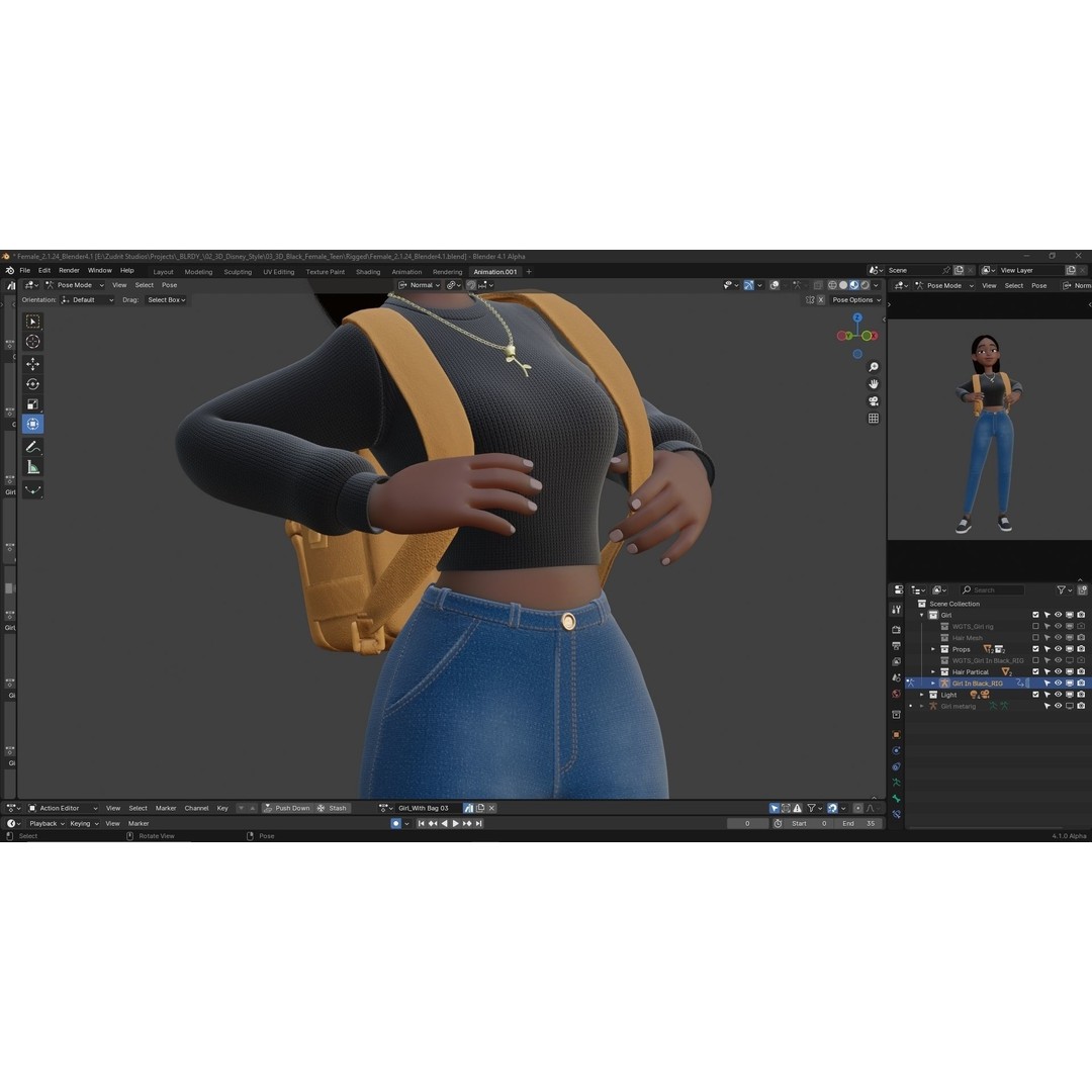 Cartoon Black Woman Teen 3D Model – Rigged Character for Blender, FBX, OBJ - View 29