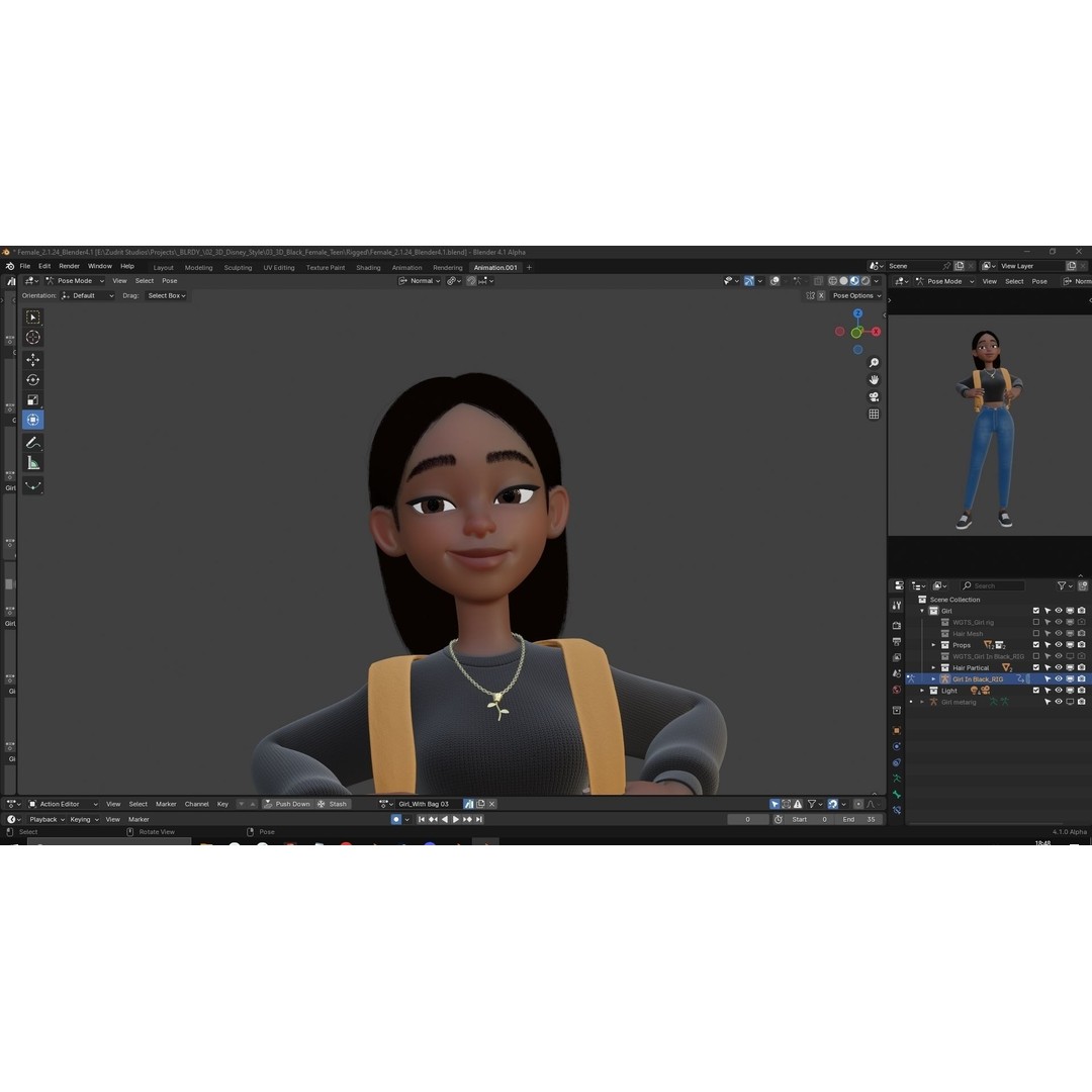 Cartoon Black Woman Teen 3D Model – Rigged Character for Blender, FBX, OBJ - View 33