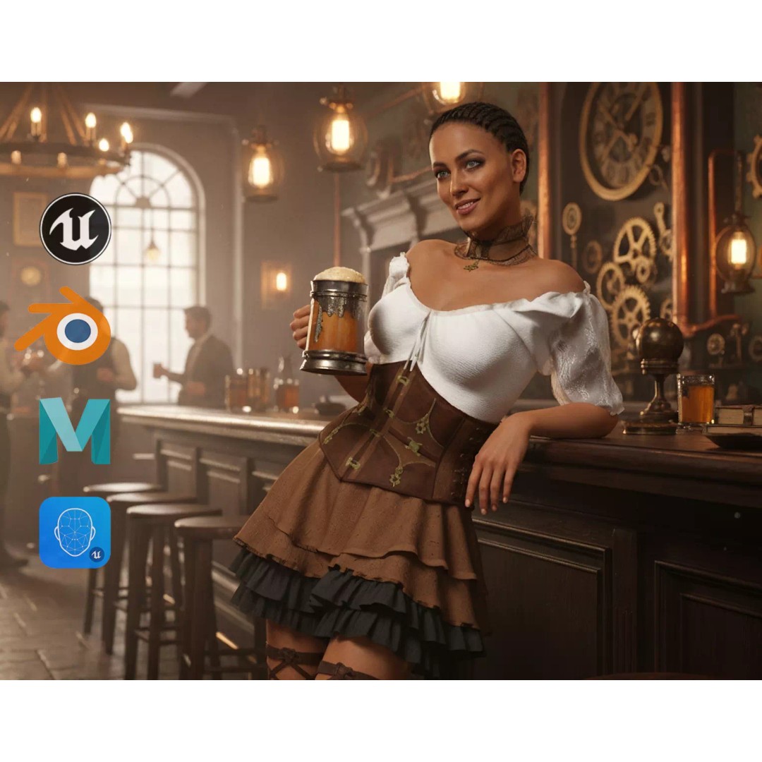 Medieval Steampunk Woman 3D Model – Low Poly Rigged Character, FBX - View 2