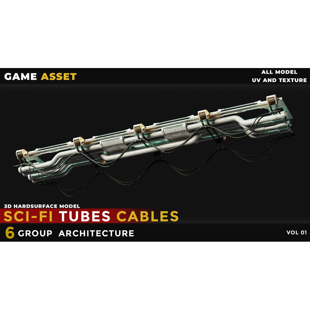 Sci-Fi Tubes Cables 3D Model – Low Poly PBR Game Asset, Blender, FBX
